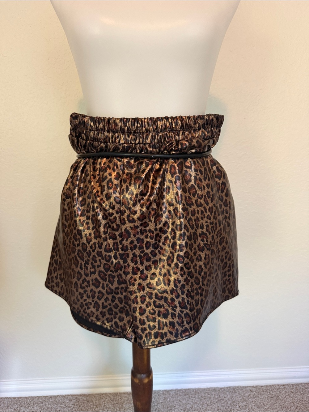 Leopard Print Mini Skirt with Elastic Waistband - Brown/Black